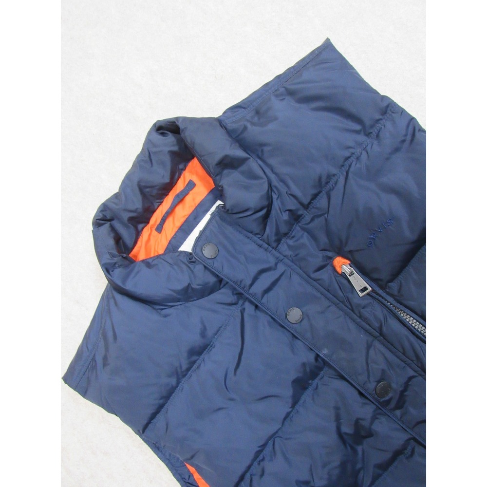 Orvis Mens Navy Blue Down Puffer Vest Orange Lining Large Full Zip Snap Front
